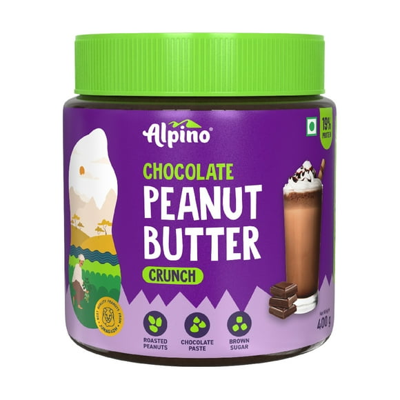 ALPINO Chocolate Peanut Butter Crunch 400 gm - Roasted Peanuts, Chocolate Paste & Brown Sugar - 19% Protein, Source of Healthy Fats