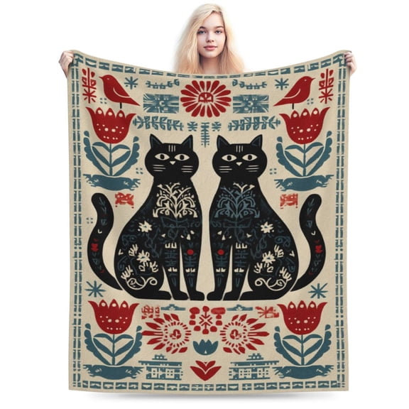 Nordic Folk Art Black Cat Throw Blanket, Scandinavian Floral Pattern, Cozy Winter Home Decor 50x40