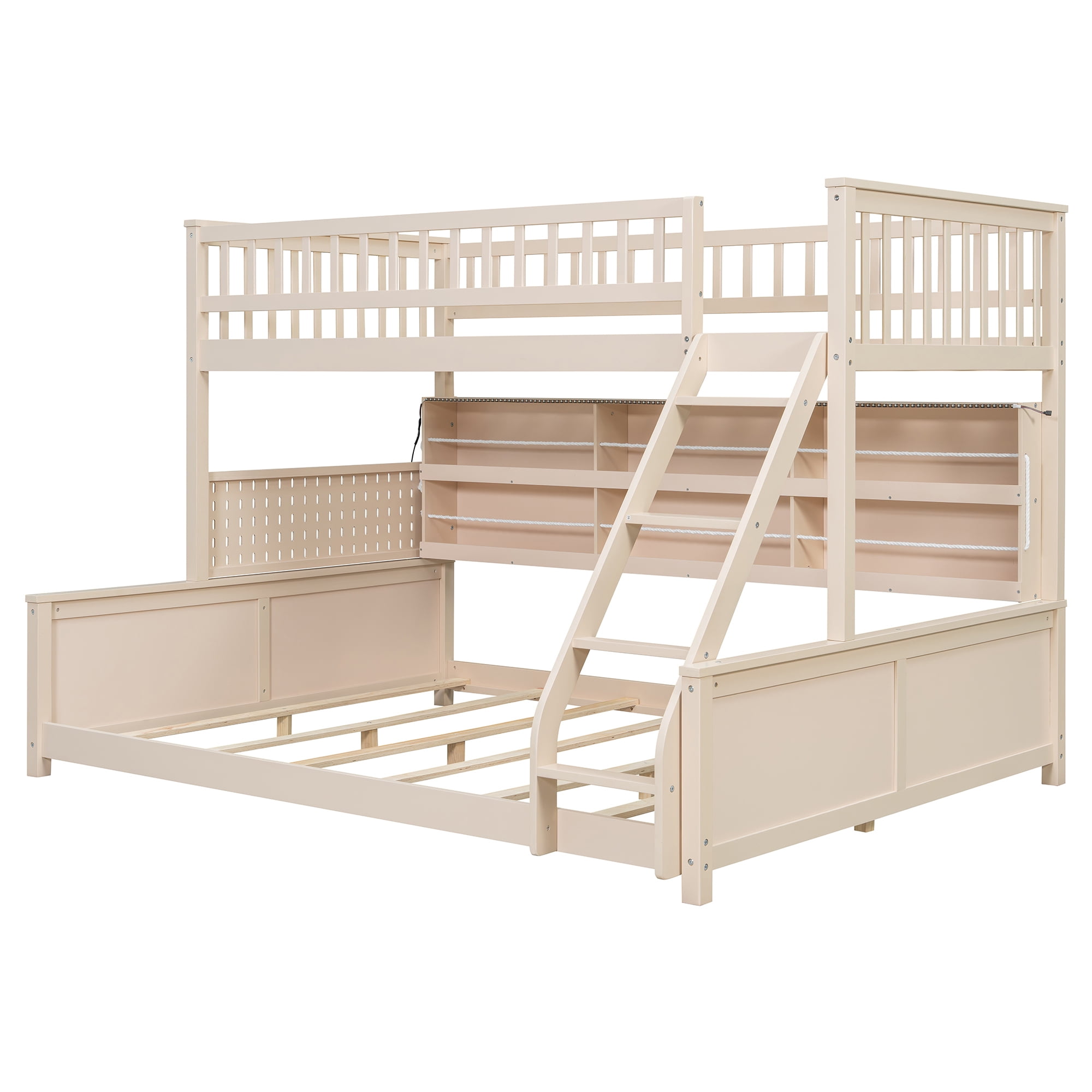 Twin XL over Queen Bunk Bed with Integrated Side Storage Shelves and Color-Changing LED Lights, Solid Wood Bunk Bed Frame with Integrated Shelving and Pegboard for Kids Teens Adults