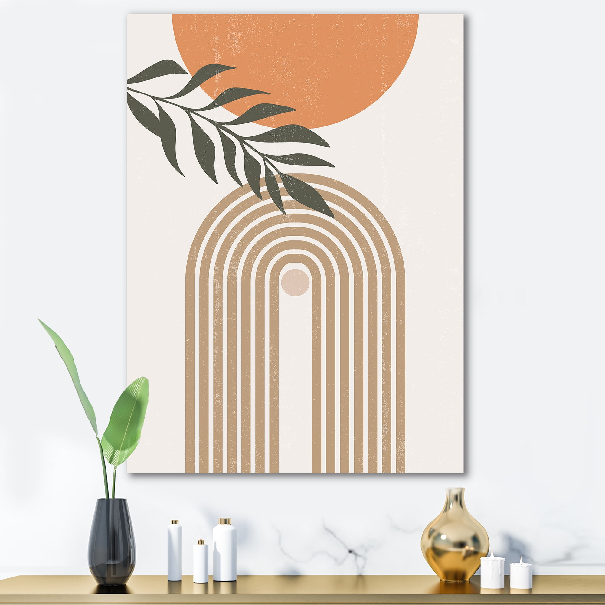 Designart ' Abstract Moon Sun Leaves I ' Modern Canvas Wall Art Print