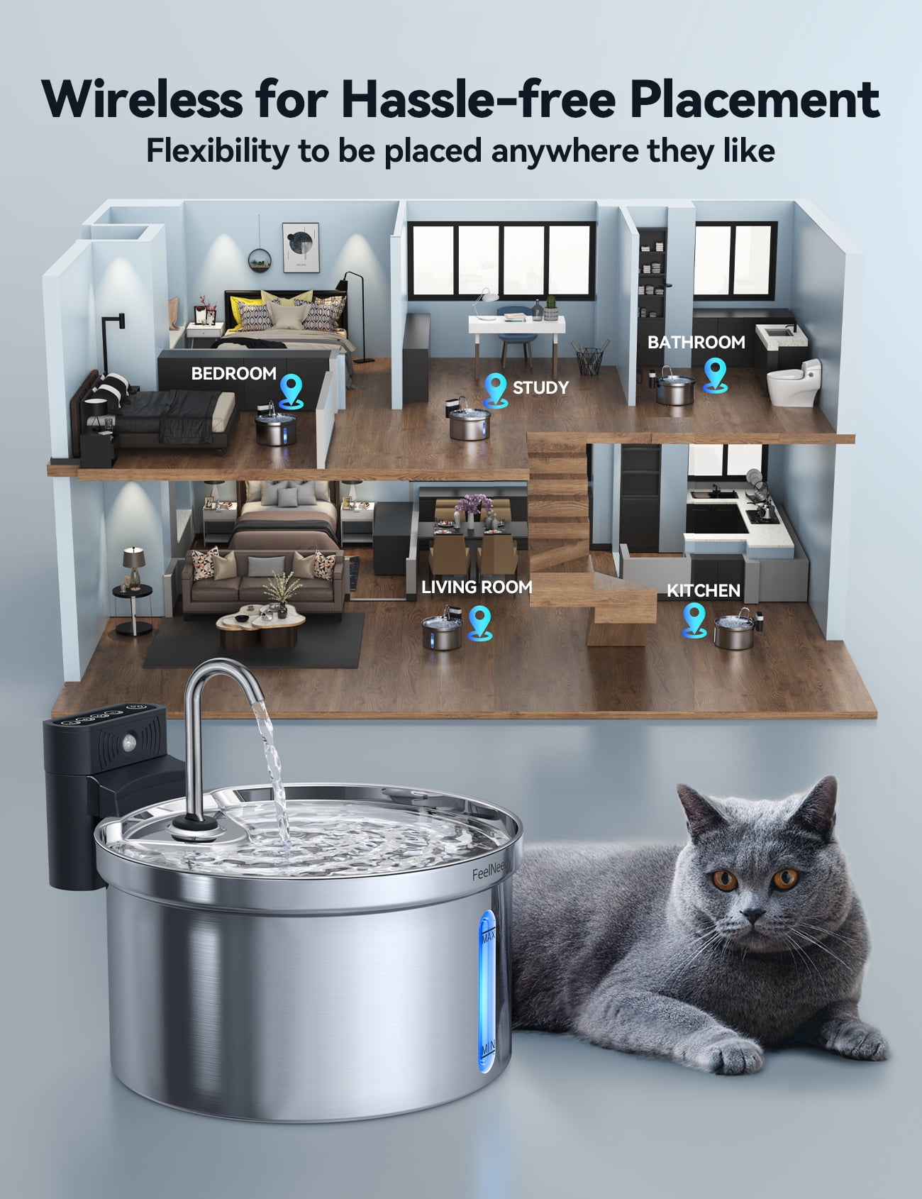 FeelNeedy Cat Water Fountain Stainless Steel, 118oz/3.5L Wireless Pet Fountain, Battery Operated Cat Fountain, Automatic Water Dispenser with 3 Filters for Cats and Dogs