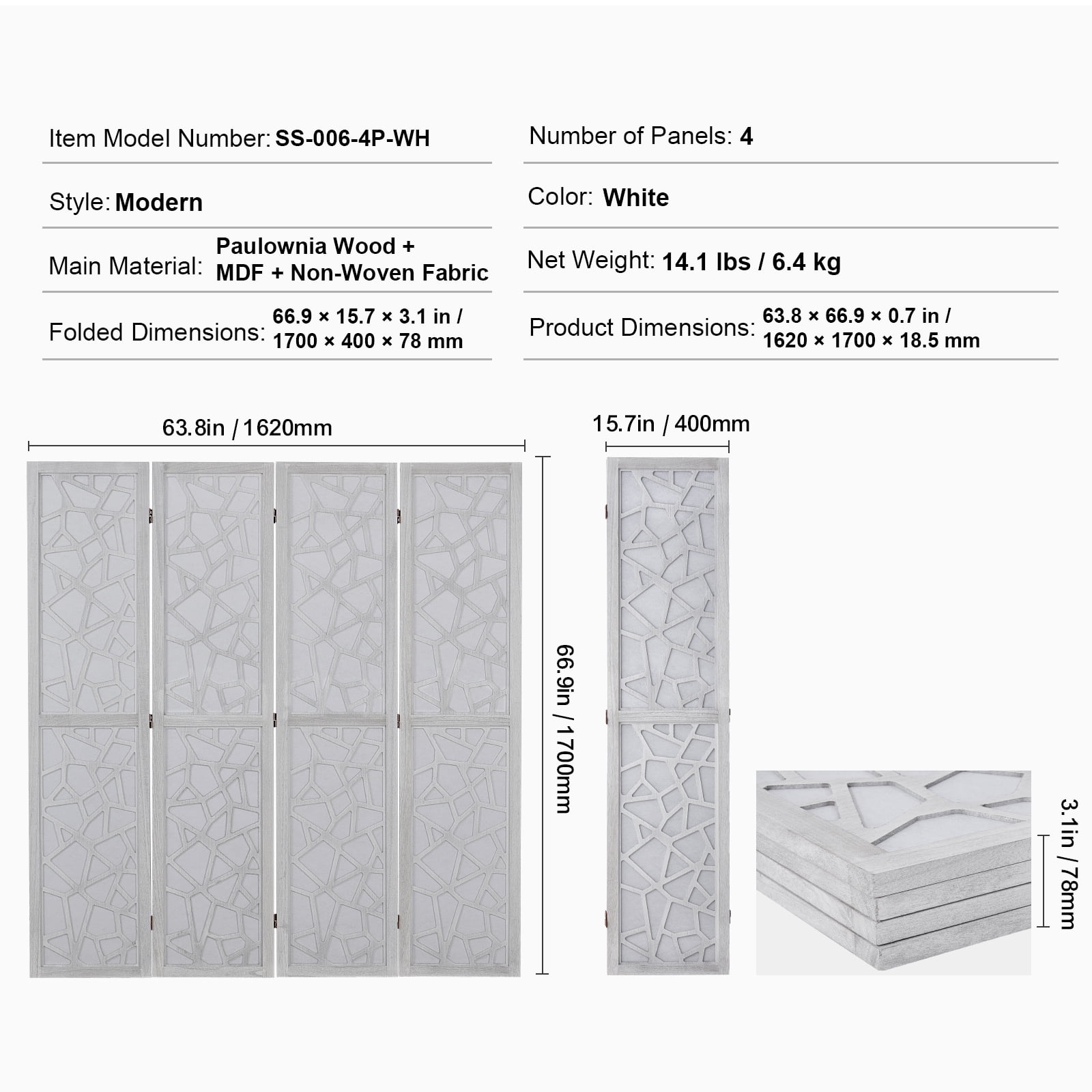 KFFKFF Wooden Partition, 4-Panel Foldable Privacy Barrier, 66.9 Inches High Indoor Engraved Wood Divider, Movable Decorative Screen, Suitable for Space Division in Homes, Offices, Restaurants
