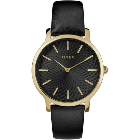 Timex Women's Metropolitan 34mm Black/Gold-Tone Watch, Leather Strap