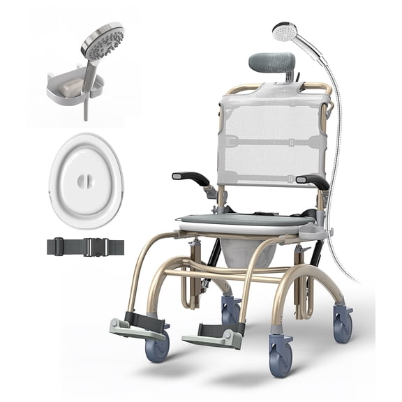 Vocic Reclining Shower Chair with Wheels for Elderly and Disabled, Height Adjustable Rolling Bath Chair with Drop Arms (300 lbs)