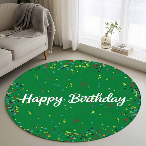 Round Area Rug 4 Ft, Grass Green Birthday Washable Non-Slip Circle Carpet for Living Room/Bedroom, Colorful Confetti Ribbons Polka Dots Classroom Low-Profile Crawling Mats Collection Rugs for Indoor