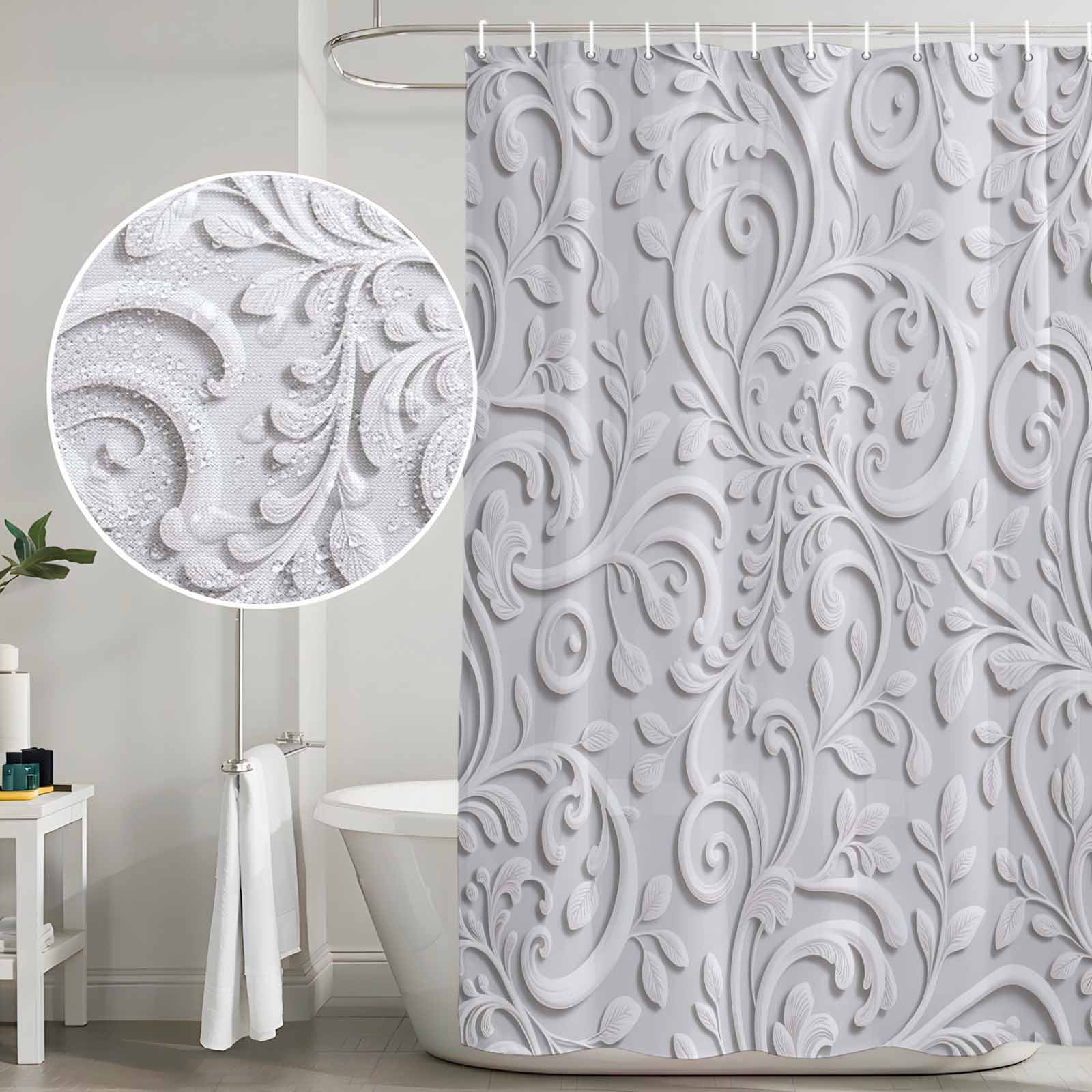 Floral Patterns Shower Curtain, Waterproof Shower Curtains for Bathroom, Silver White Flowers Leaves Aesthetic Washable Fabric Bathtub Curtain Set Bath Decor with 12 Hooks Long 72"x84"