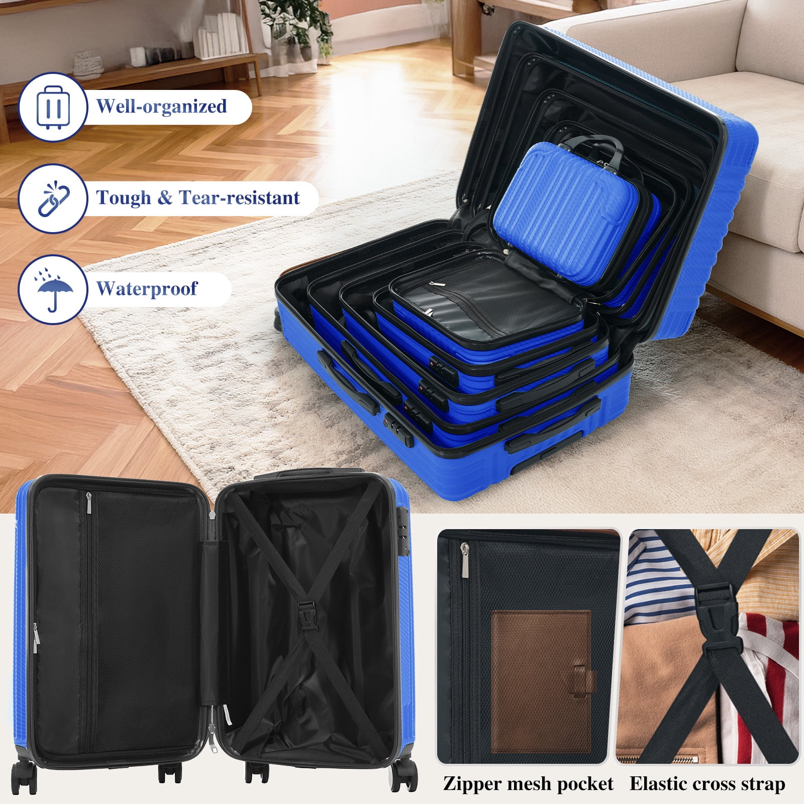 Euroco 6-Piece Luggage Sets, ABS Hardshell Suitcase Set with Spinner Wheels and TSA Lock,Lightweight Carry-On & Checked Luggage for Family Travel,Royal Blue