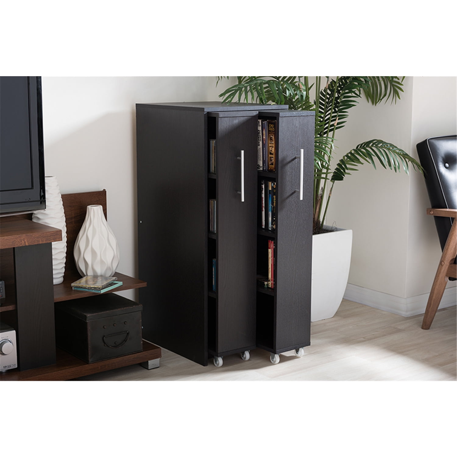 Baxton Studio Lindo Dark Brown Wood Bookcase with Two Pulled-out Doors Shelving Cabinet