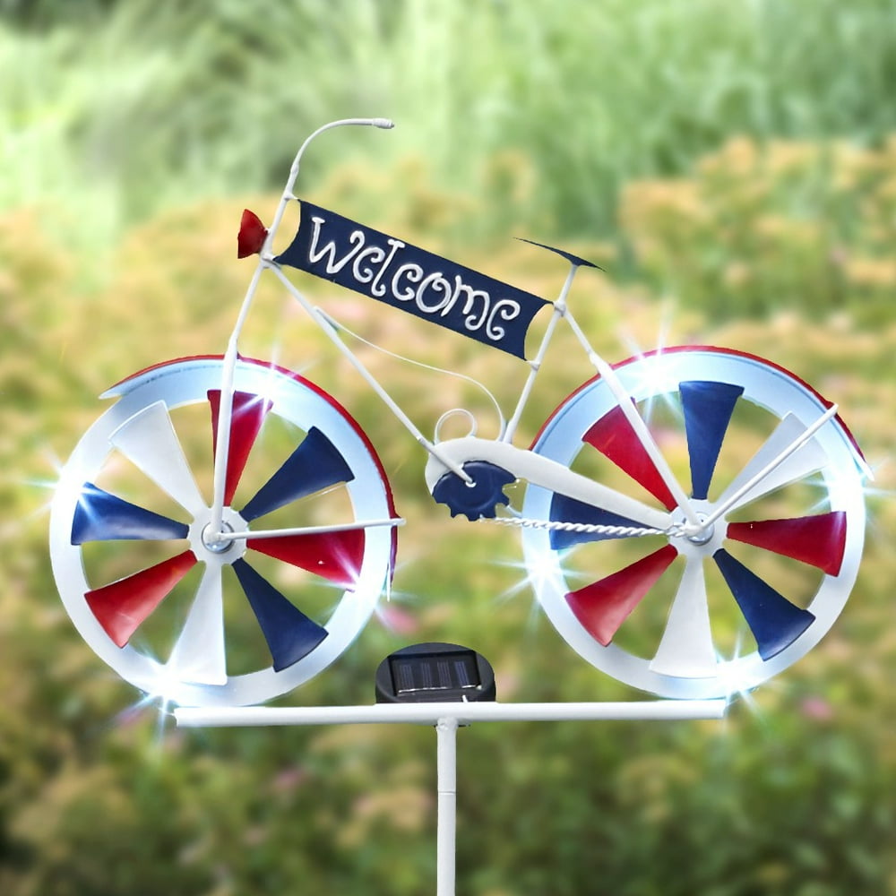 Americana Solar Bike Wind Spinner Lighted Garden Stake Accent