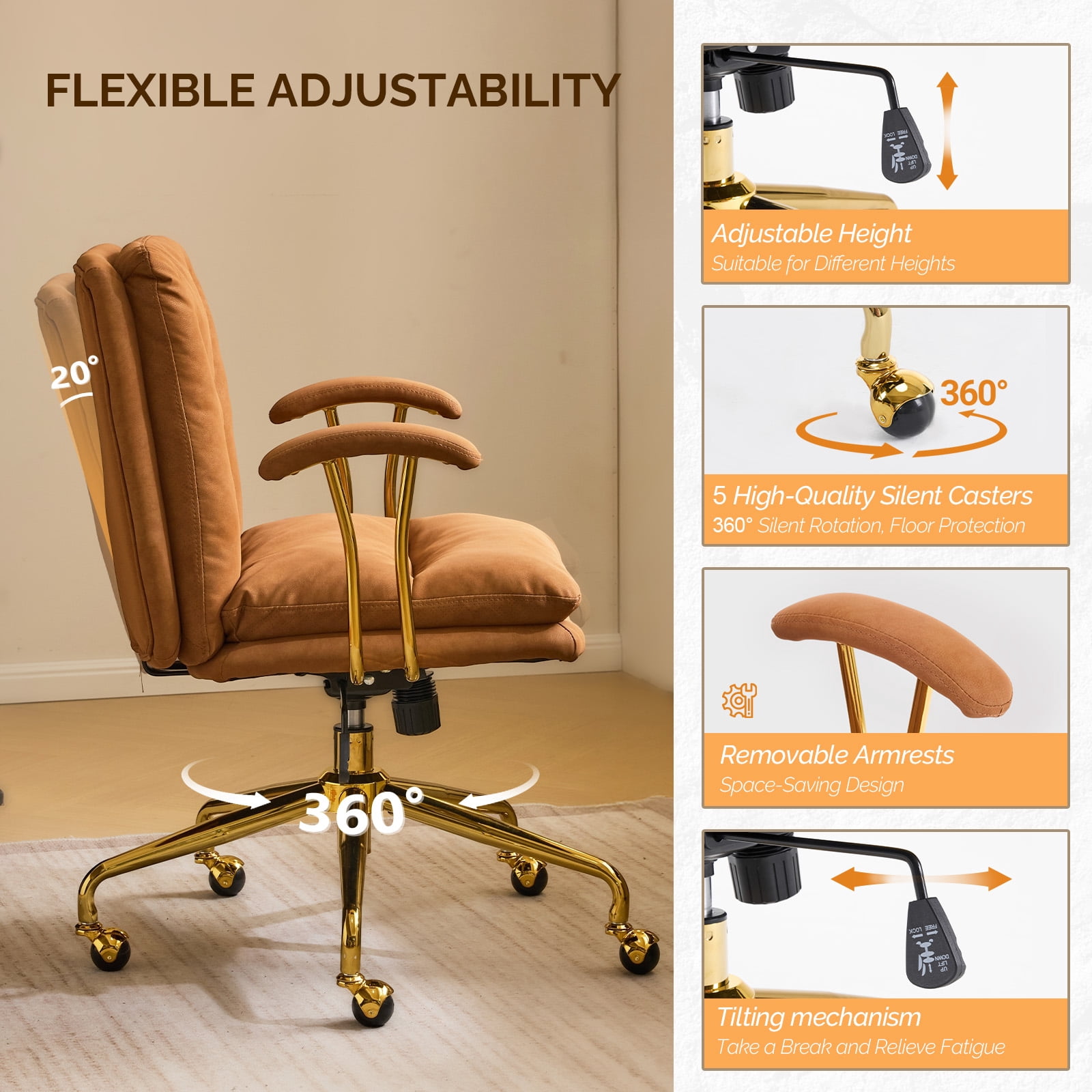 Ktaxon Office Chair High Back Study Chair Faux Leather Adjustable Swivel Vanity Chair with Padded Armrests for Conference and Home Brown
