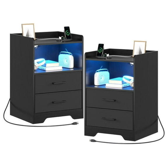 Nightstands Set of 2, LED Nightstand with Charging Station, USB Ports, Black Bedside Table with Drawers & Open Shelf 2Set