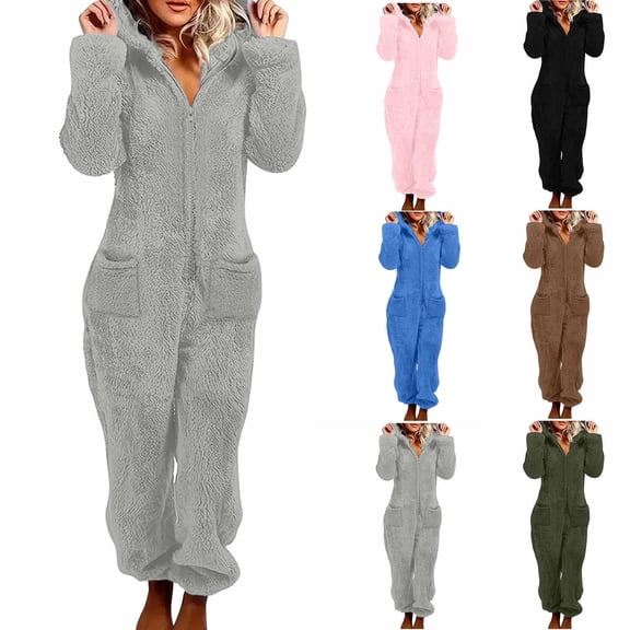 Tqyyweavej Womens Fleece Onesies Pajamas Jumpsuit Hooded Solid Color Half-Zip Loungewear Baggy Long Sleeve Pajamas for Women with Pockets