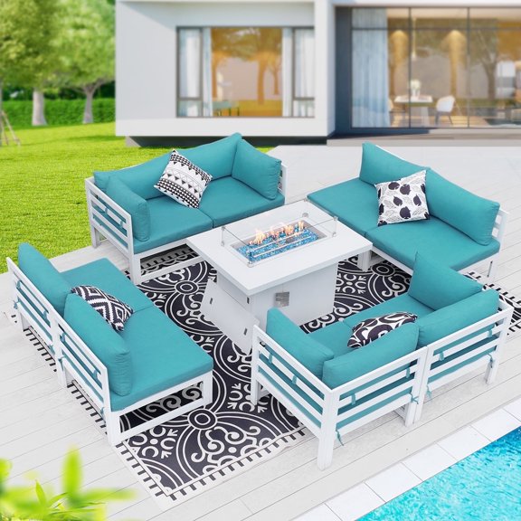 RADIATA 9 Pieces Aluminum Outdoor Patio Sectional Furniture Sofa Set with Fire Pit Table Large Size Luxury Comfortable Durable Water/UV-Resistant Garden Porch Backyard Party (Teal Blue Cushion)