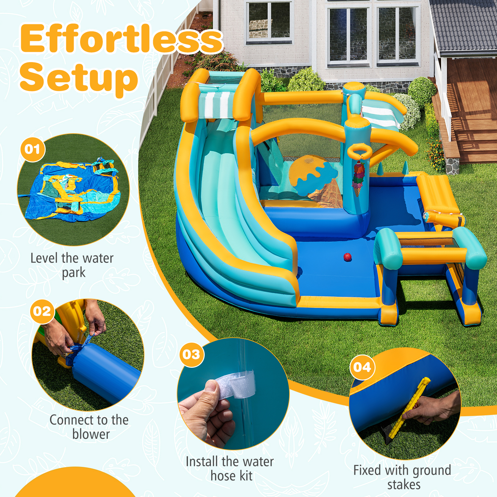 Patiojoy Inflatable Water Park with Market Stand Water Slide with Climbing Wall & 750W Blower