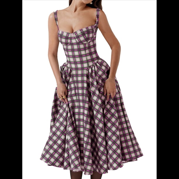 Vestido Elegante con Corsé para Mujer, Vestido Midi con Tirantes, Escote Bajo, Plisado y Fluido, Vestido de Fiesta con Bustier. Cuadros Rojos Rosas M