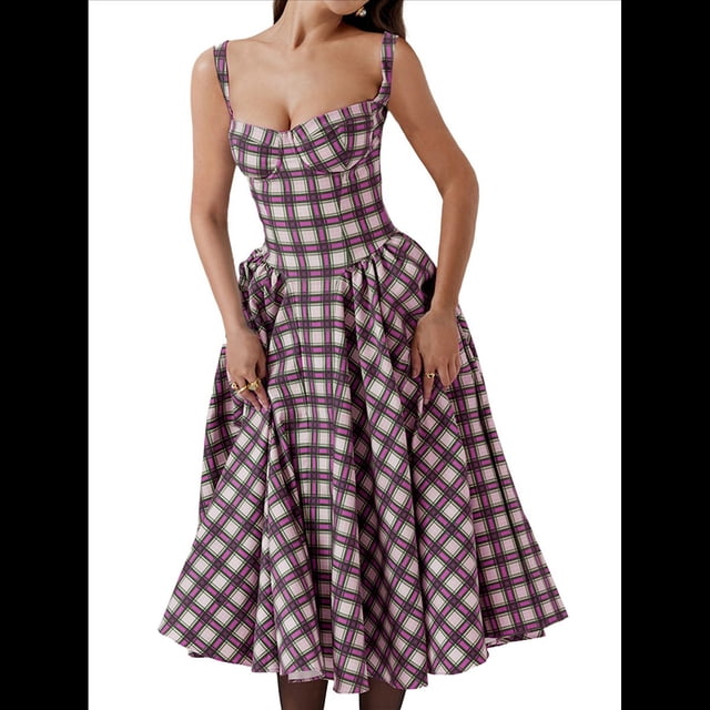 Vestido Elegante con Corsé para Mujer, Vestido Midi con Tirantes, Escote Bajo, Plisado y Fluido, Vestido de Fiesta con Bustier. Cuadros Rojos Rosas M