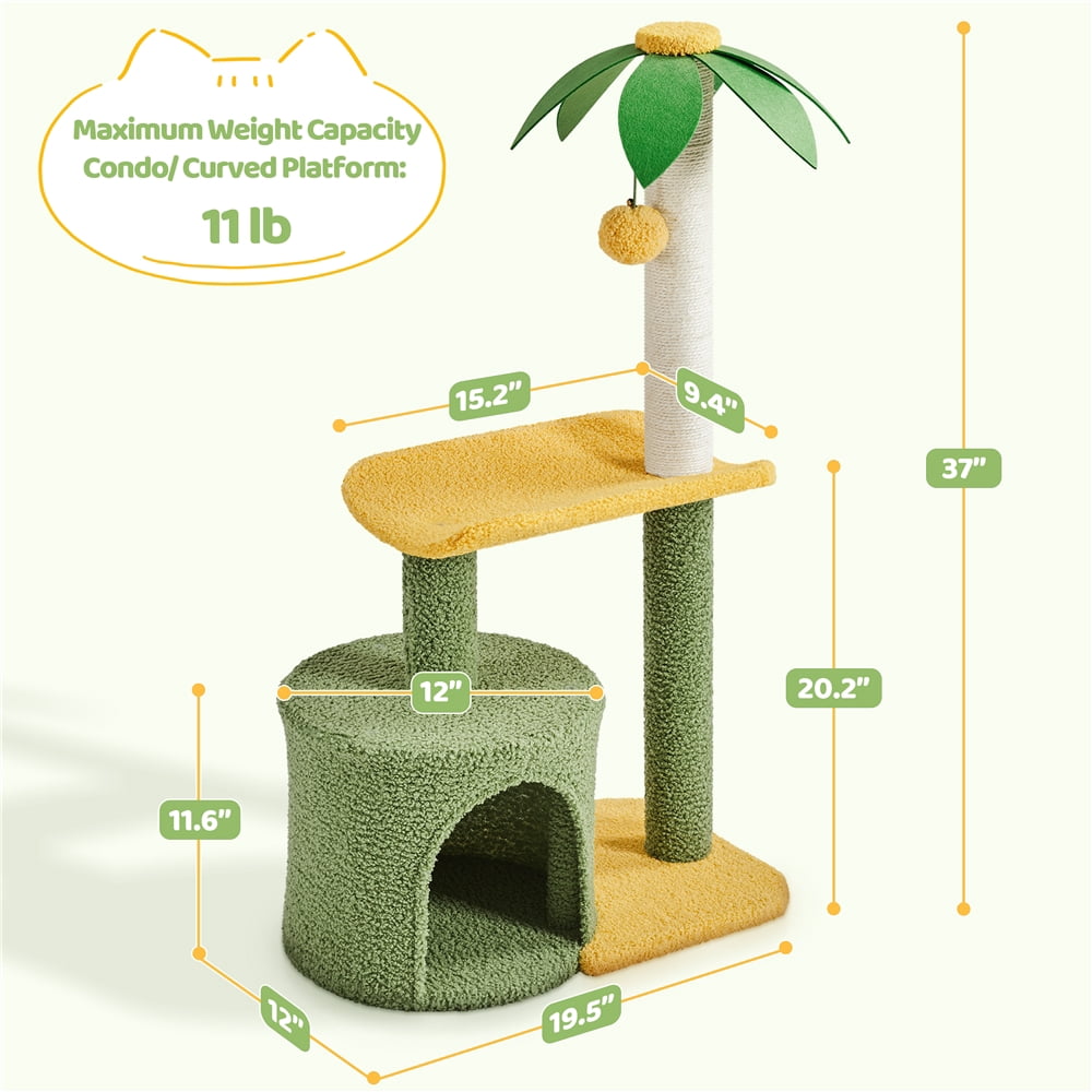 Yaheetech 37.1" Tall Coconut Palm Cat Tree with Large Condo and Scratching Post, Green/Yellow