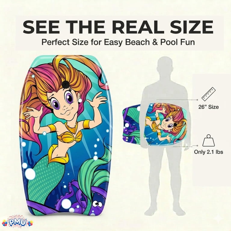PMU 26 Inch Mermaid Printed Bodyboard - Lightweight Wrist Leash