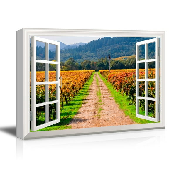 3D Visual Effect View Through Window Frame Path through the Vineyard Gallery 32x48 inches
