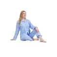 thumbnail image 3 of Apparonia Pjs mujer algodón: camisa m/larga c/botones al frente y pantalón. Ropa de dormir c/cuello con solapa. Conj. de descanso con linda flor azul. Talla XXL, 3 of 7
