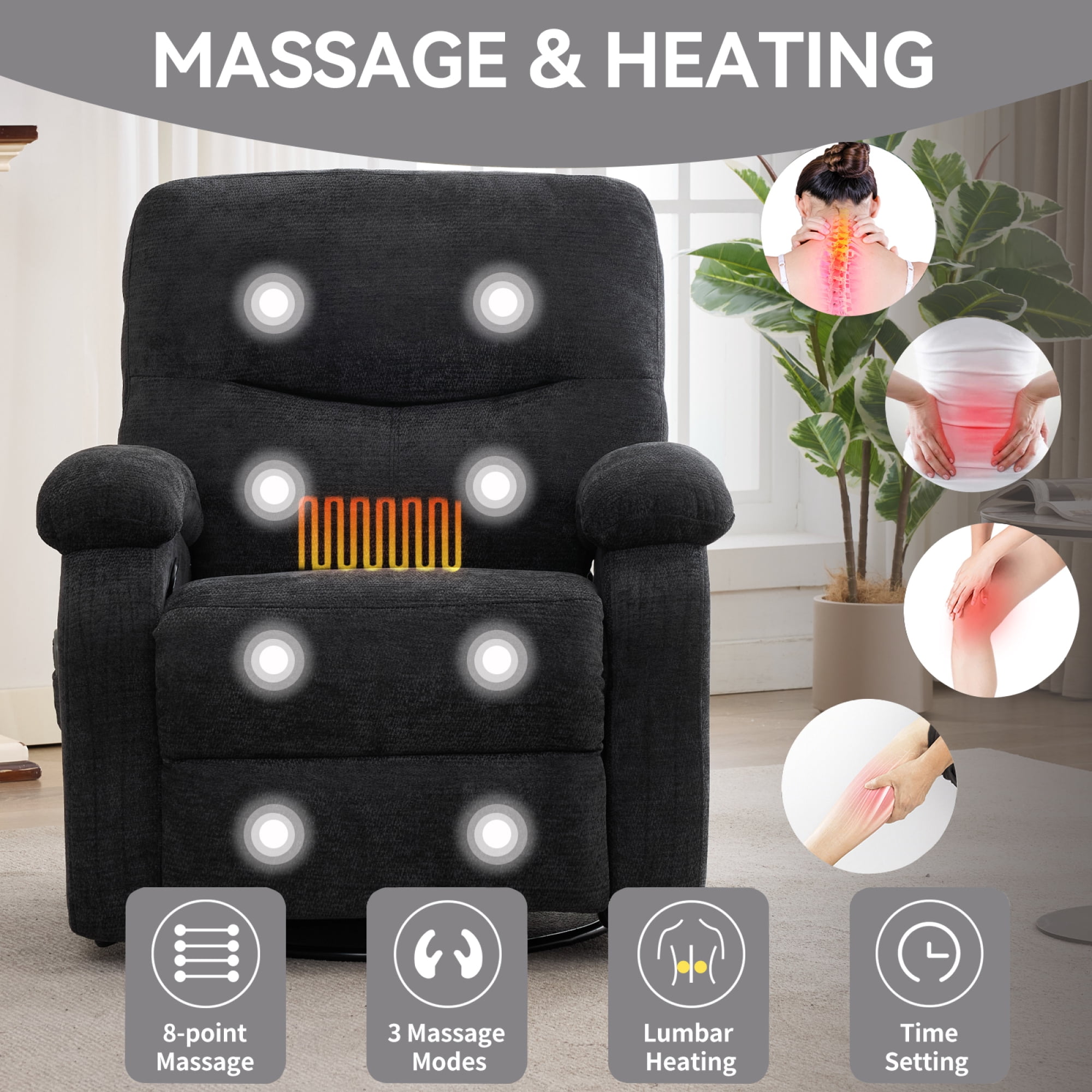 Leumius Swivel Recliner Chair for Elderly,360° Swivel Rocker Recliners with Heat and Massage,Single Rocker Sofa Nursery Glider with Cup Holder and Side Pockets,Black