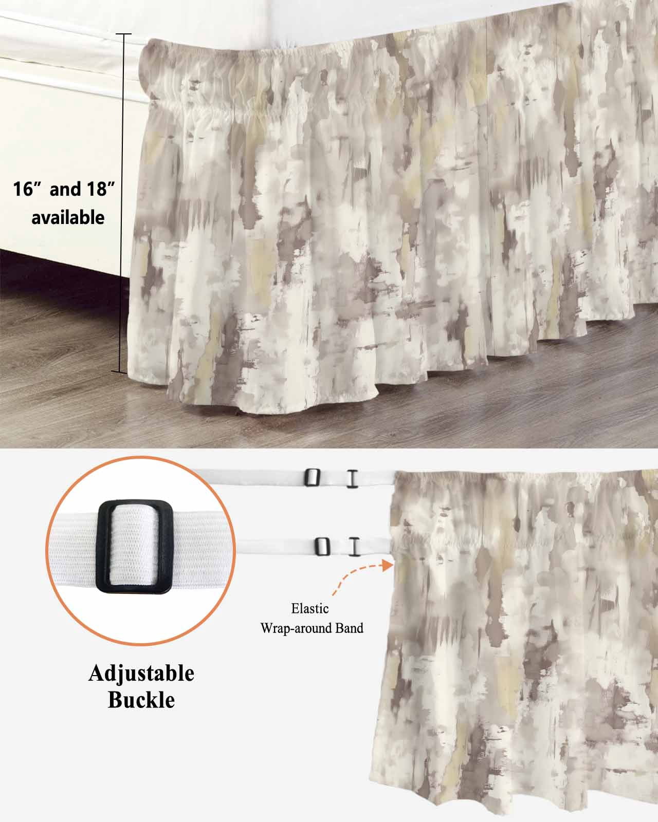 Abstract Brown Wrap Around Bed Skirts for King Bed 18" Drop,Bed Skirt with Adjustable Elastic Belt Dust Ruffle Bed Valance for Bedroom Hotel Retro Country Rustic Street Oil Paint Art Bed Frame Cover