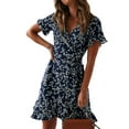 thumbnail image 3 of Julycc Womens Boho Floral Wrap Dress Short Sleeve V Neck Summer Mini Dress, 3 of 4