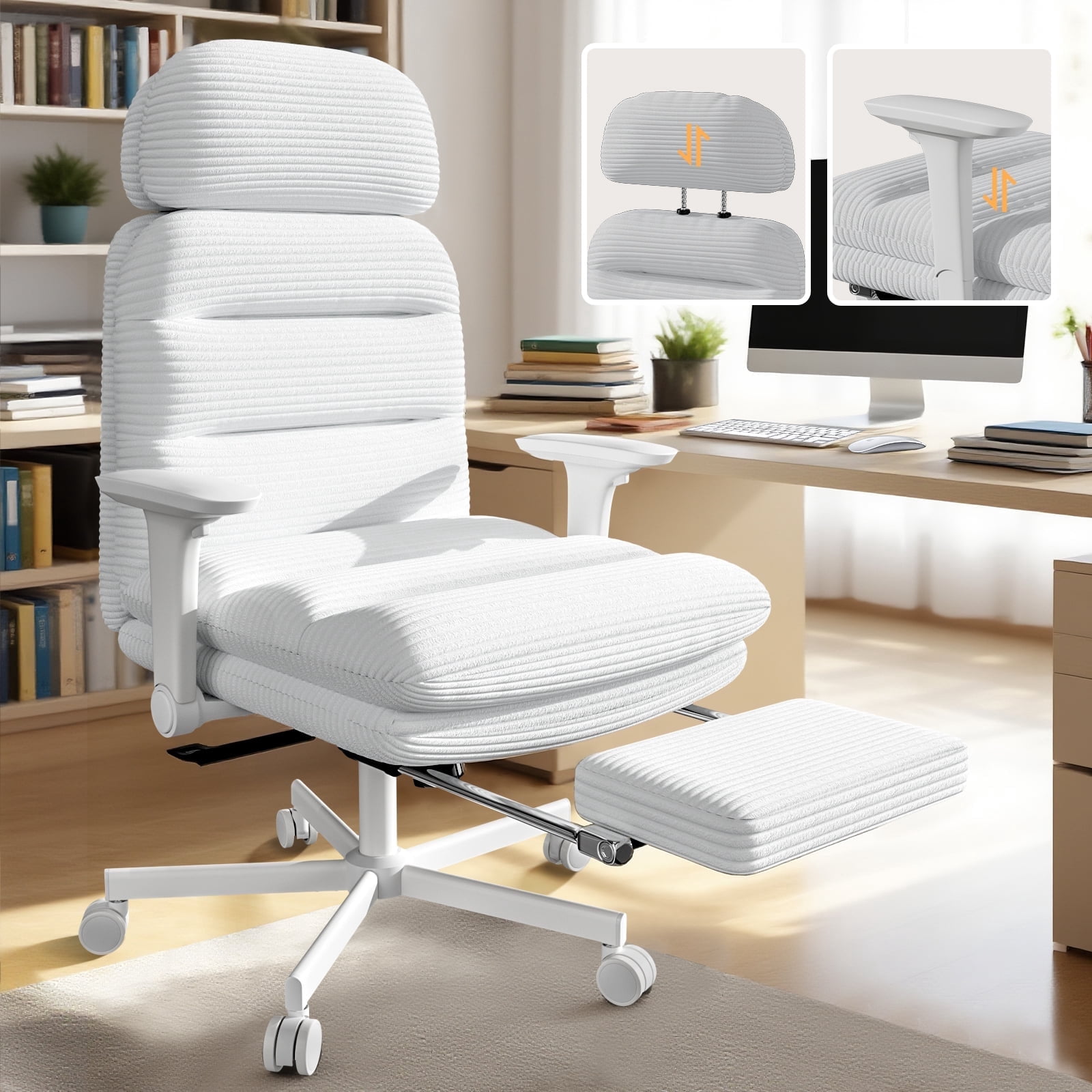 Genpo Criss Cross Chair with Wheels & Flip-up Arms, Executive Office Chair with Foot Rest, Swivel Cross Legged Office Chair, White Corduroy Fabric Comfy Computer Desk Chair, Vanity Chair for Home