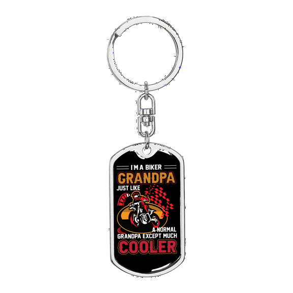 Cooler Biker Grandpa Stainless Steel or 18k Gold Premium Swivel Dog Tag Keychain