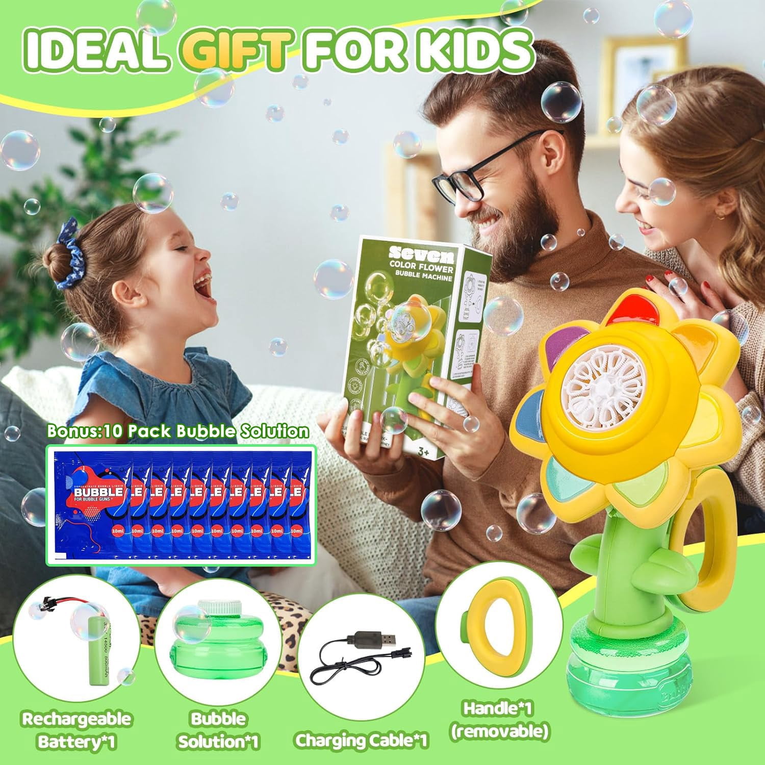 Sunflower Bubble Machine for Bath, Rechargeable Automatic Bubble Maker with LED Lights, Dancing Bubble Blower with 3 Modes, Leak-Proof Tank, Includes 10 Pack Bubble Solution for Bathroom & Party Use