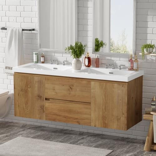 59.3 Inch Double Sink Bathroom Vanity with SMC Top, MDF Cabinet, Soft Close Doors, Divided Drawers, Wall-Mounted Modern Storage Vanity for Large Bathrooms No handle