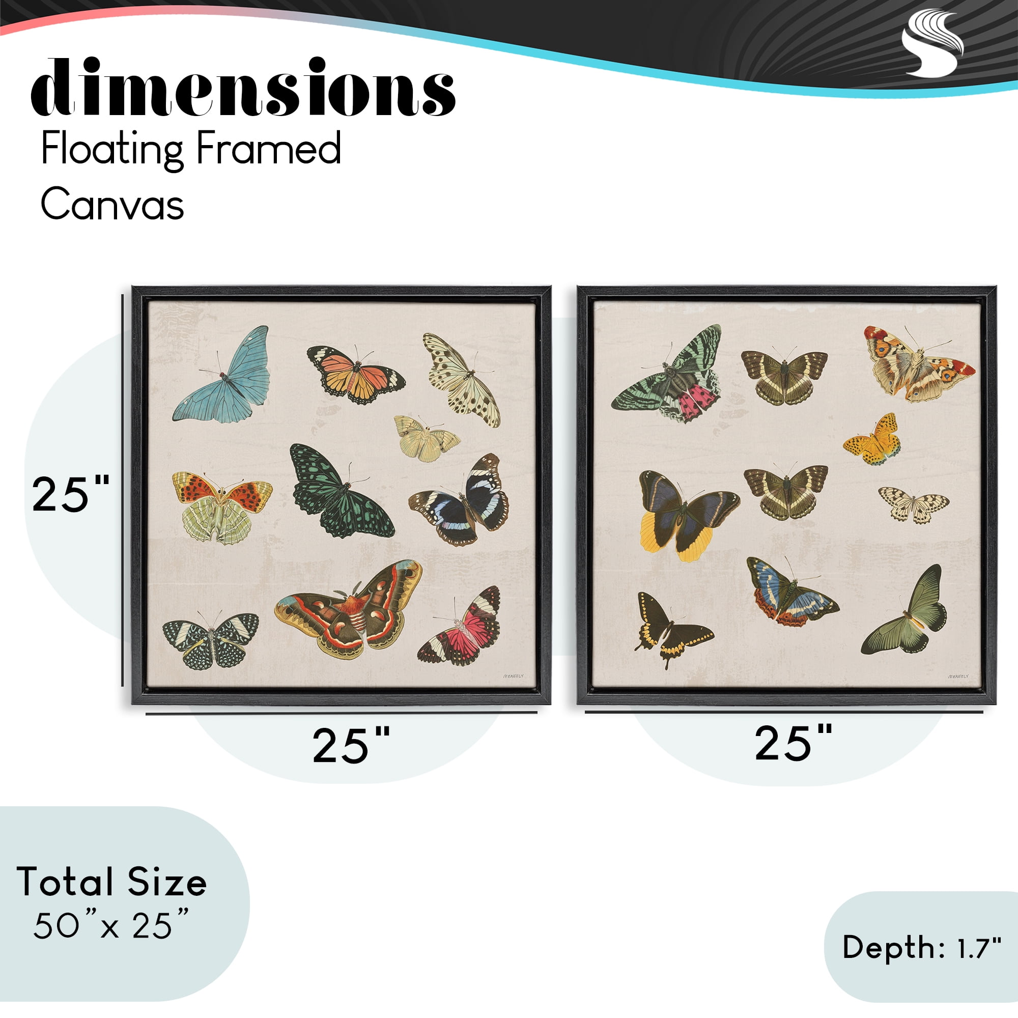 Stupell Industries Collection of Vintage Butterflies 2 Piece Black Framed Floater Canvas Set, design by Dan Meneely