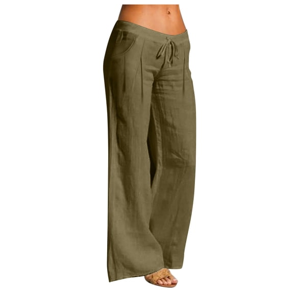Edvintorg Women's Cotton and Linen Long Pants Summer Elastic Waist Casual Wide Leg Trousers Comfy Lounge Pants with Pockets