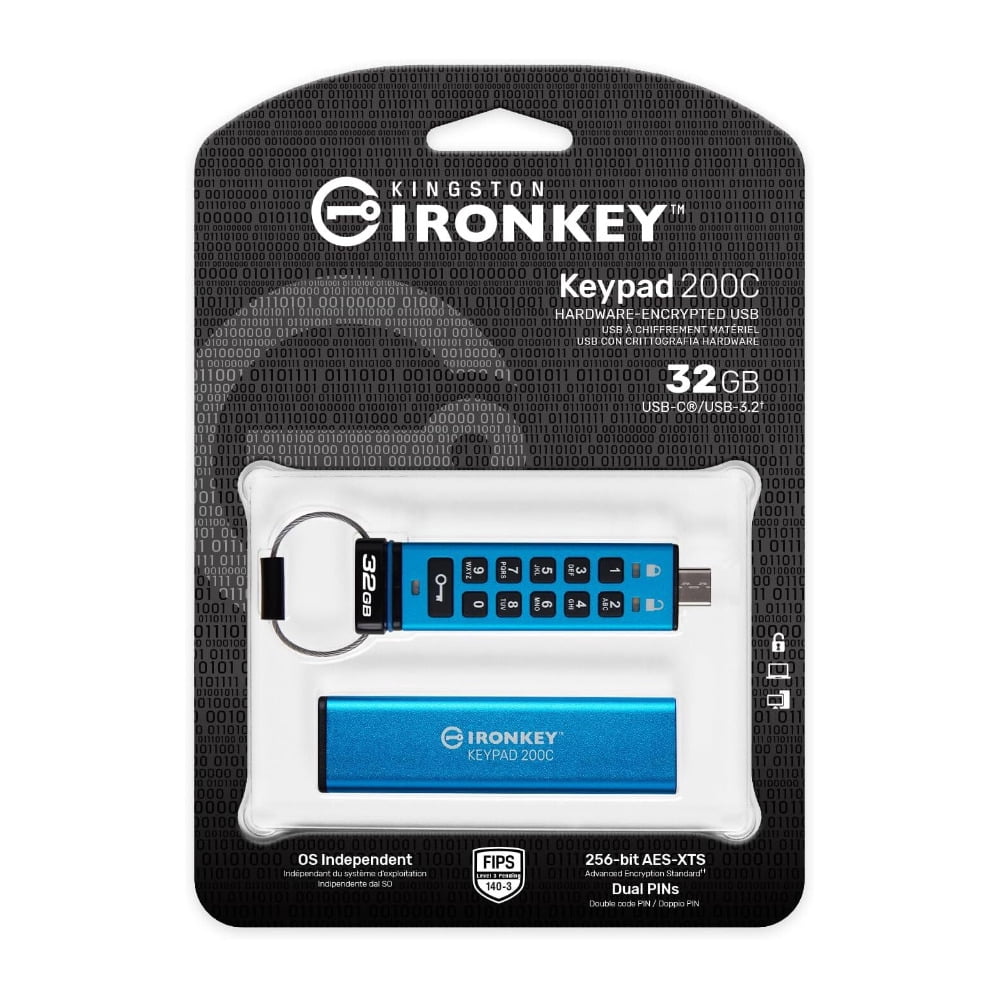 Kingston Ironkey Keypad 200 USB-C 32GB Encrypted Flash Drive with FIPS 140-3 Level 3 and BadUSB and Brute Force Protection (Blue)