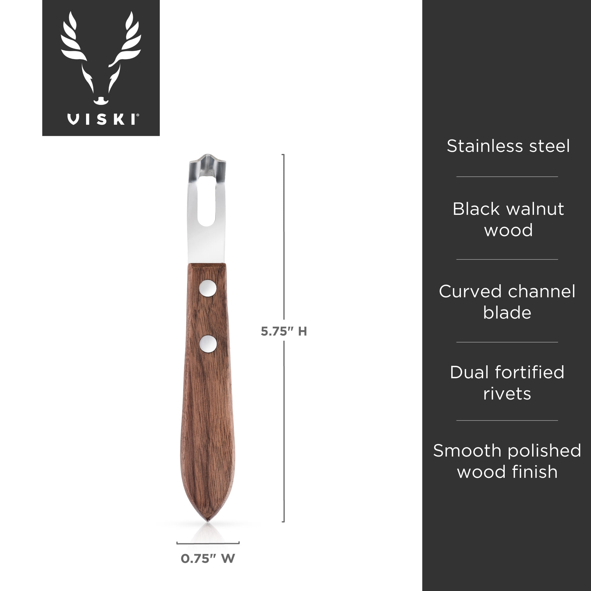 Viski Channel Knife, Cocktail Garnish Citrus Zester, Walnut Viski Channel Knife, Cocktail Garnish Citrus Zester, Walnut