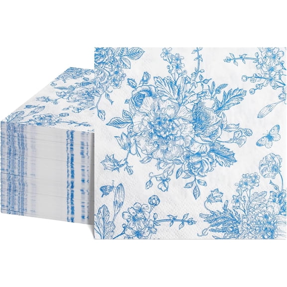 100 Pcs Blue Floral Napkins, Blue and White Decoupage Napkins Vintage Flower Butterfly Design Toile Napkin Cute Decorative Coastal Napkin for Wedding, Bridal Baby Shower,Tea Party, 5 x 5 Inch