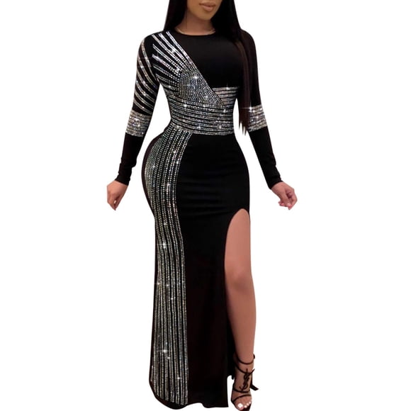 Vestido PORRCEY Hot Diamond Craft Sexy de manga larga negro 3XL