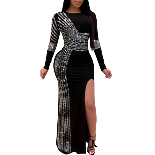 Vestido PORRCEY Hot Drilling Craft, sexy, manga larga, negro, XXL