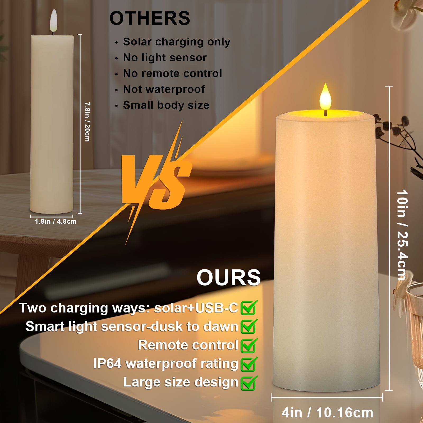 PChero Large Solar Candles Outdoor Waterproof, Rechargeable Flameless Pillar Candles with Remote Timer, Dusk to Dawn Outdoor Candles, Battery Operated LED Candles for Outdoor ,4"x10", Set of 2