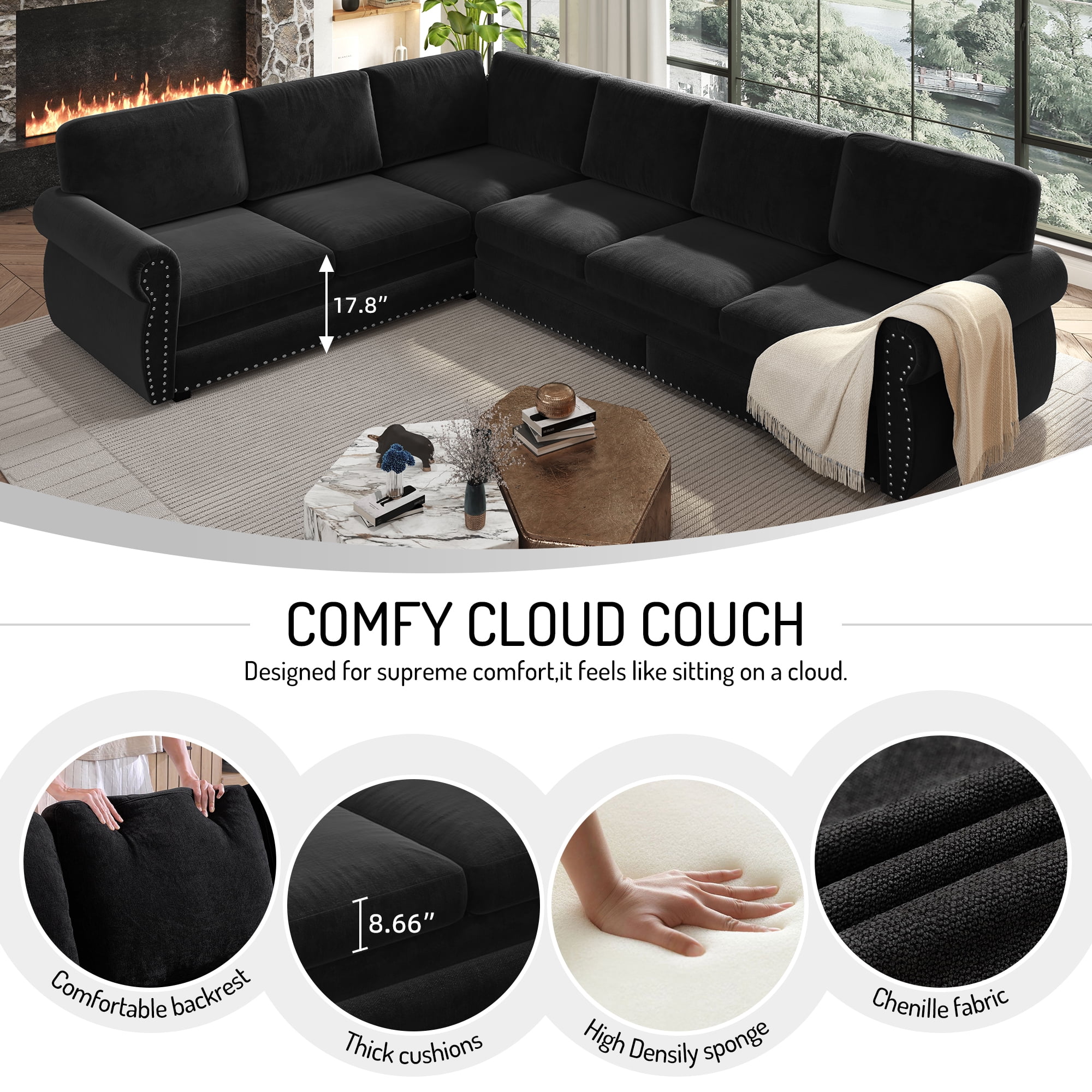 LLappuil Sectional Sofa Couch, Oversized Chenille Sofa with Pull Out Sofa Bed for Living Room Black
