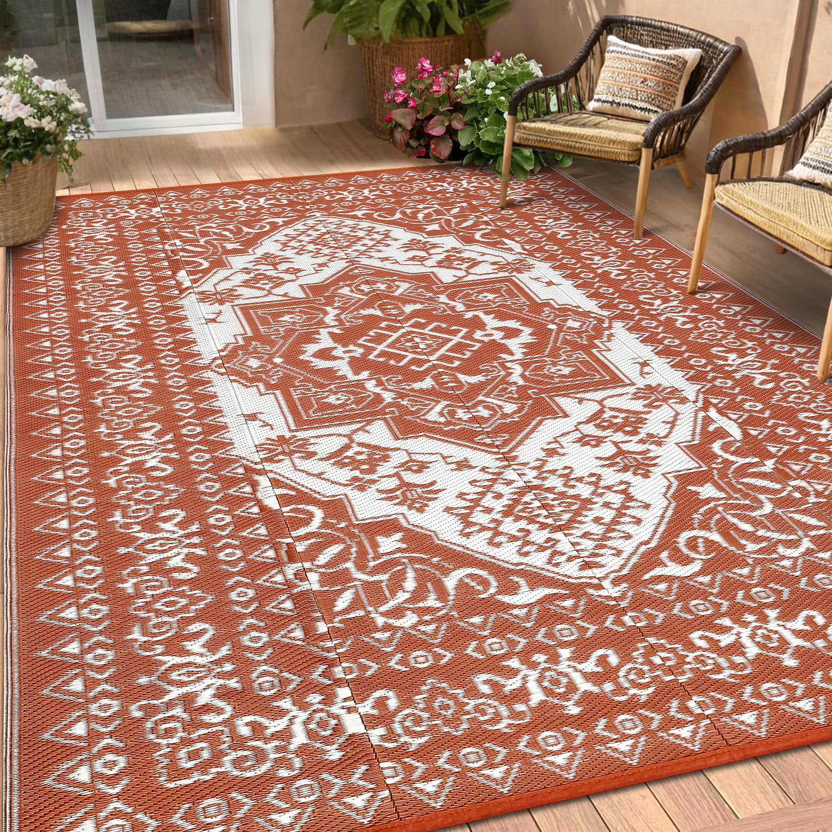 Danolapsi Outdoor Rugs 8x10 Waterproof Reversible Outdoor Plastic Straw Rug Vintage Retro Patio Rug Indoor Outdoor Carpet RV Mat Outside,Lightweight Portable Carpet with Storage Bag for Patio Camp