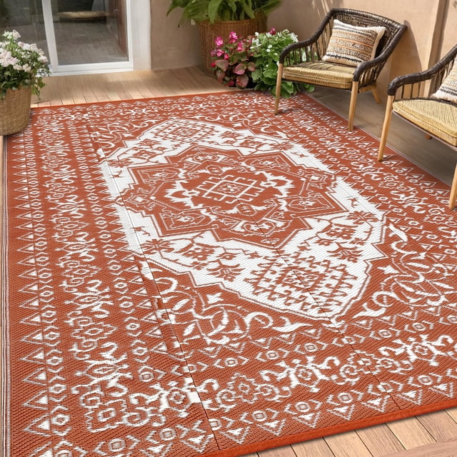 Outdoor Rug – Waterproof Reversible Extra Large Plastic Straw Mat – Vintage Medallion – Durable & Easy-Clean – Deck, RV, Camping, Beach & Garden – Terracotta Orange/White, 10x14ft (305x427cm), USA