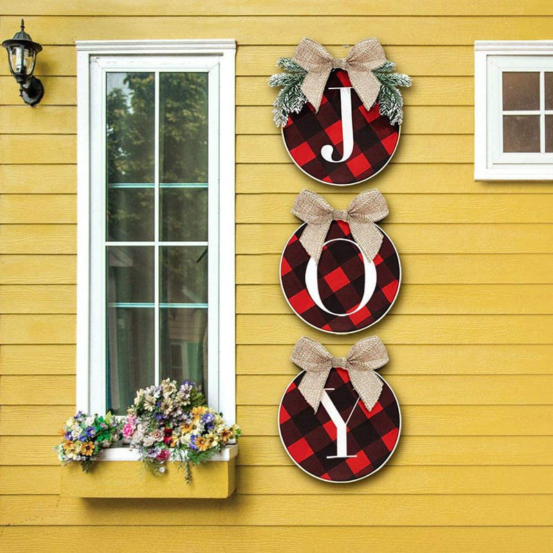 Buffalo Check Plaid Wreath for Front Door Joy Sign Christmas Decorations Rustic Burlap Wooden Holiday Decor for Home Window Wall Farmhouse Indoor Outdoor