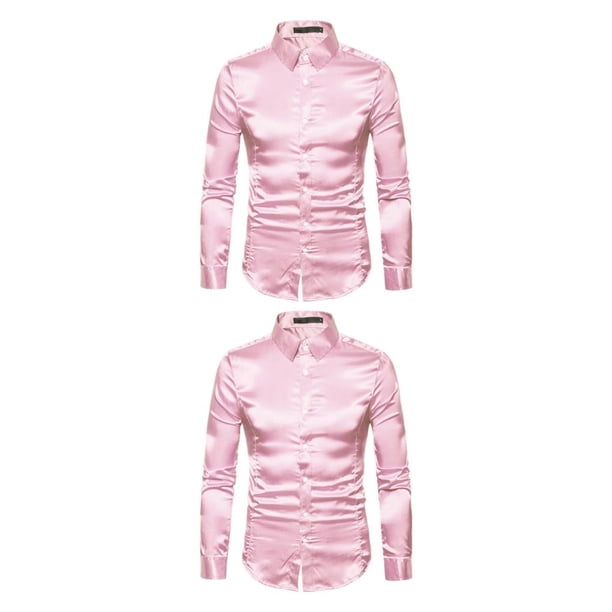 Qarigey Slim Fit Camisetas de manga larga para hombres - Transpirable y lavable a máquina Camisa de satén para hombres Camisa formal de manga rosa S 2piezas