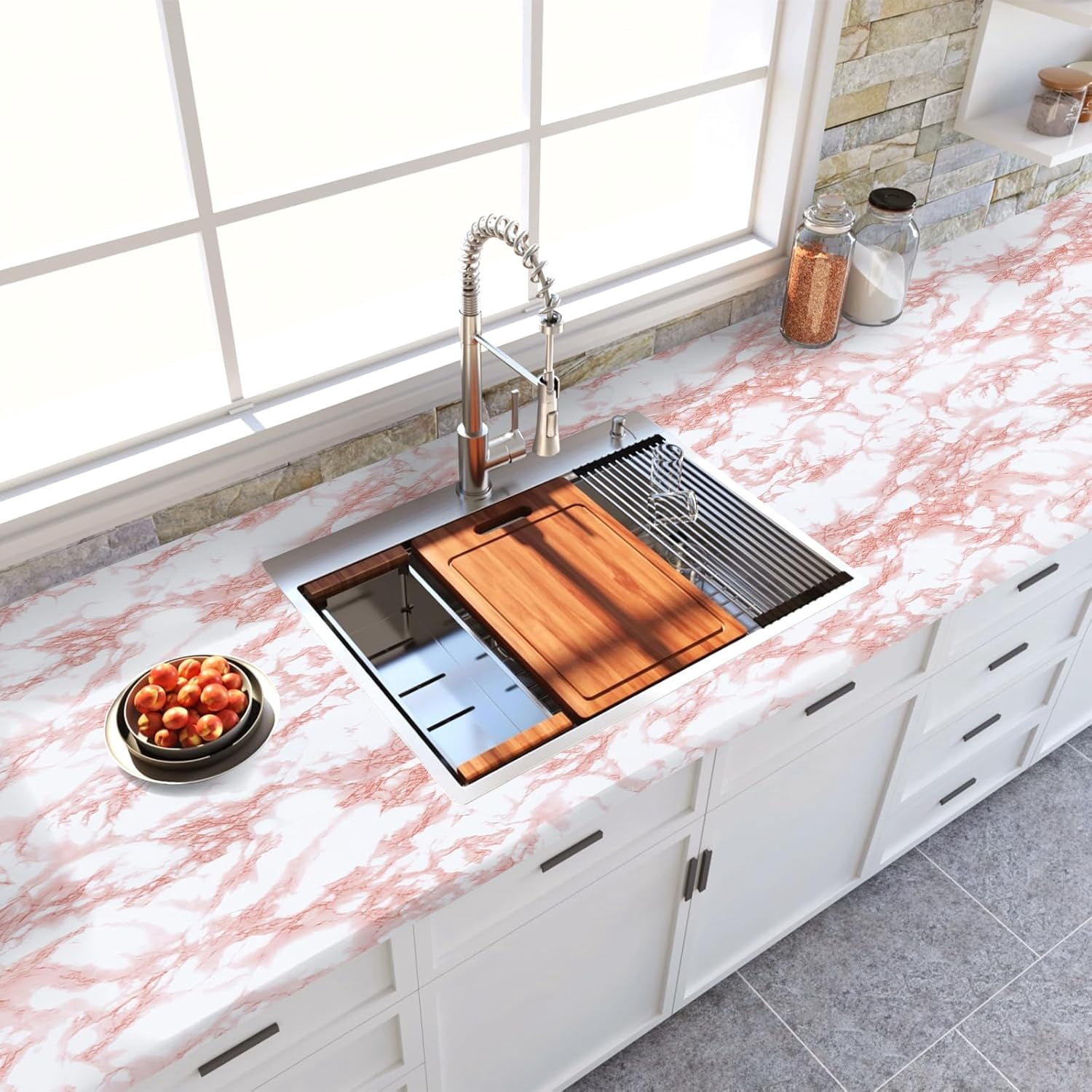 MaxxMarket White/Pink Marble Contact Paper Granite Peel and Stick Countertops Self-Adhesive Wallpaper Cabinets Drawer Shelf Wall Crafts Wall Paper Decorations 35.4 in x 118 in