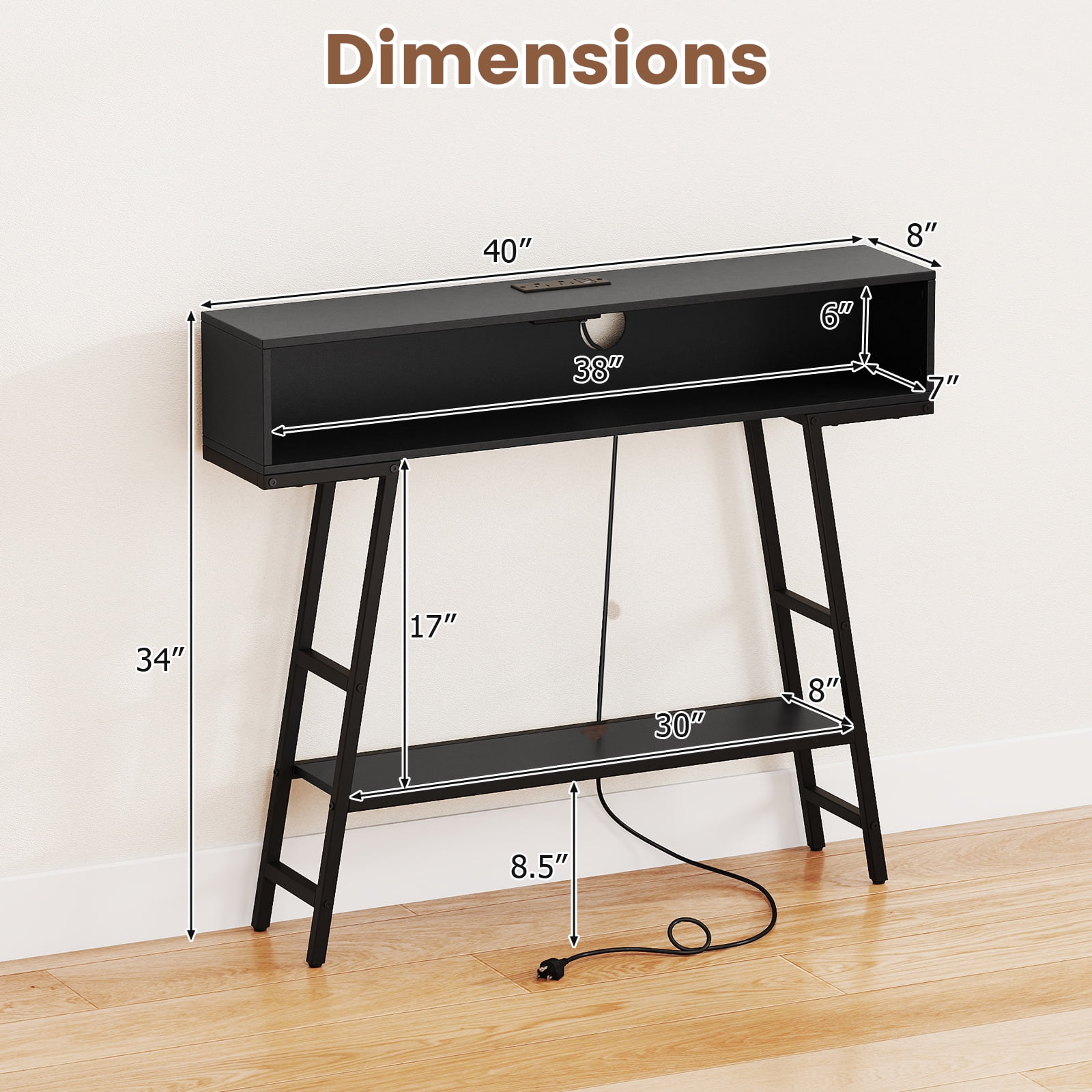 Gymax 40'' Console Table w/ Power Strip 3-Tier Entryway Table w/ RGB LED Lights Black