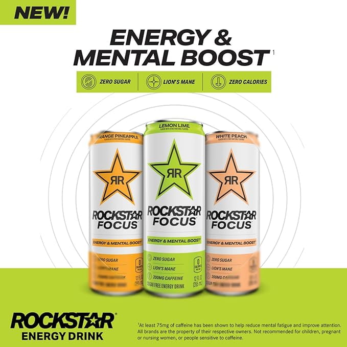 Rockstar Focus Zero Sugar Energy Drink, 3 Flavor Variety Pack, Lion’s Mane, Energy & Mental Boost, 12 oz 12 Pack Cans