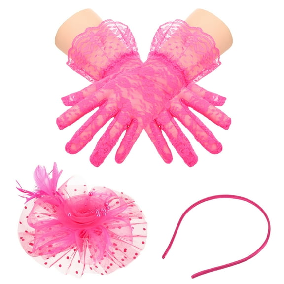 Uxcell Fascinators Hat Clip Set with Hair Clip and Short Floral Lace Gloves Tea Party Face Veil Hat Vintage Headwear Light Pink