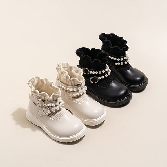 Afuyipoi Girls' Faux Leather Sock Boots Pearl Accented Dressy Short Boots Fall Winter for Kids Size 9 Toddler - 1.5 Big Kid Black Size 13 Little Kids