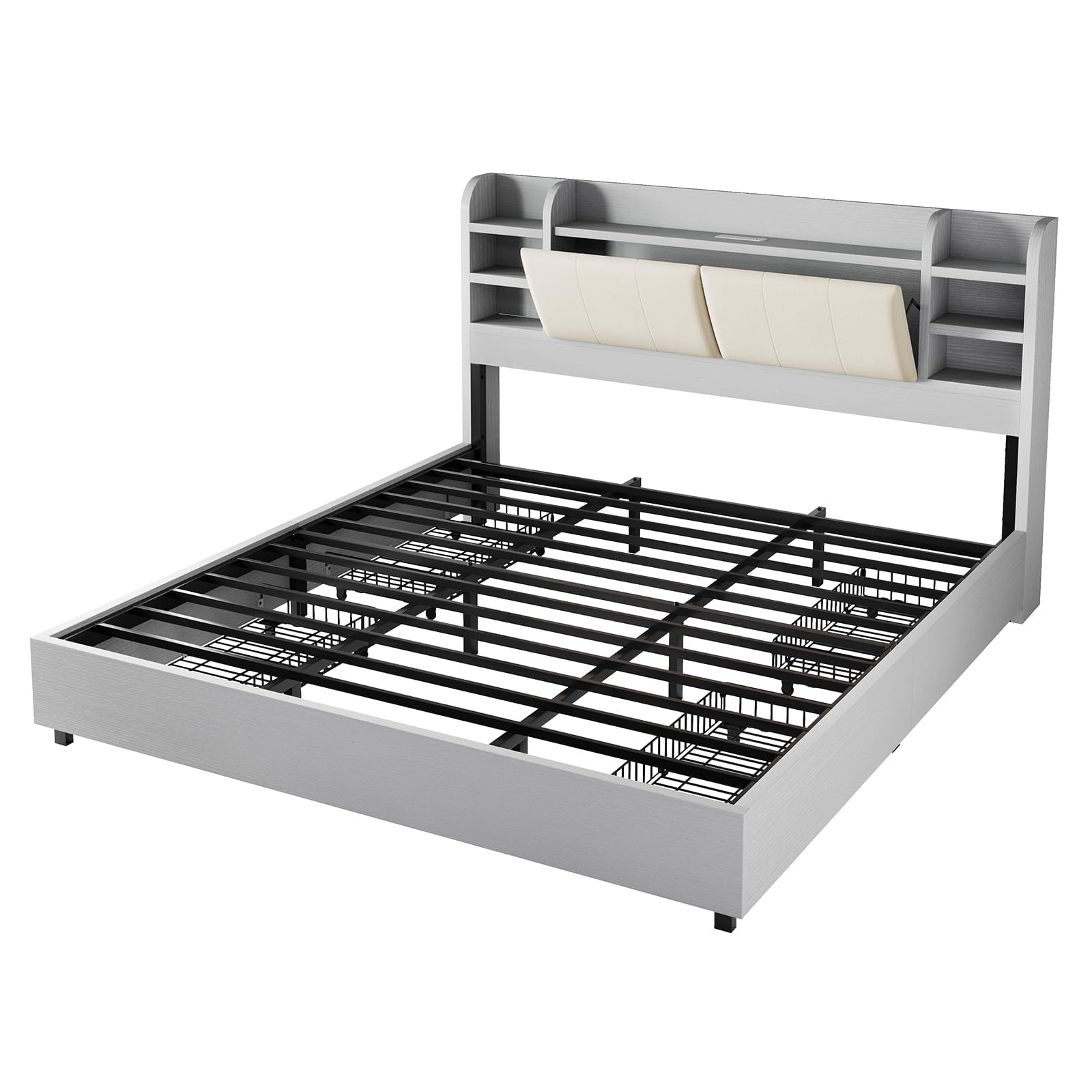 amerlife King Size Bed Frame with 4 Storage Drawers with 47.2" Bookcase Headboard, Charging Station,Light Grey